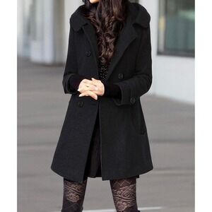 Tanming Black Hooded Double Breasted Pea Coat Mid Length Jacket Size Medium NWT